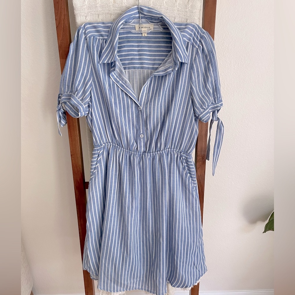Striped A Line Mini Dress with Button Detail, Tie Sleeves, and Collar